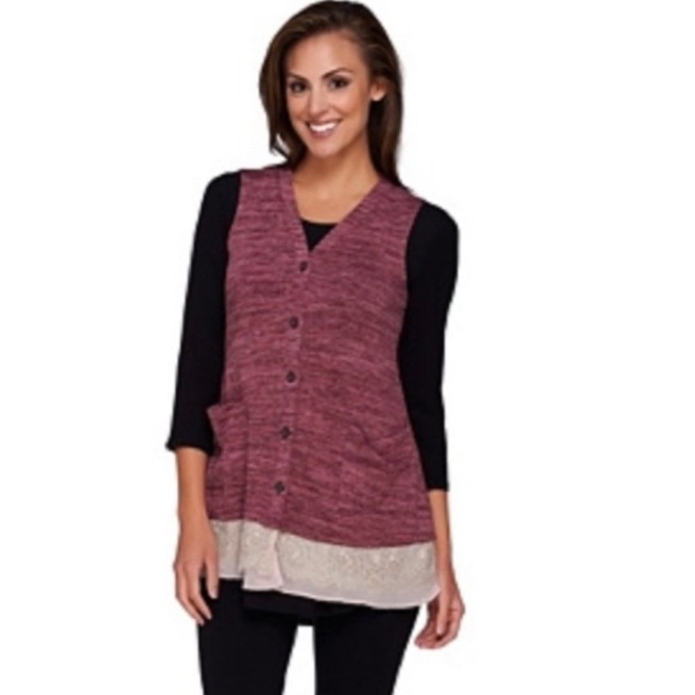 LOGO M Button Sweater Knit Vest Lace Chiffon Hem
